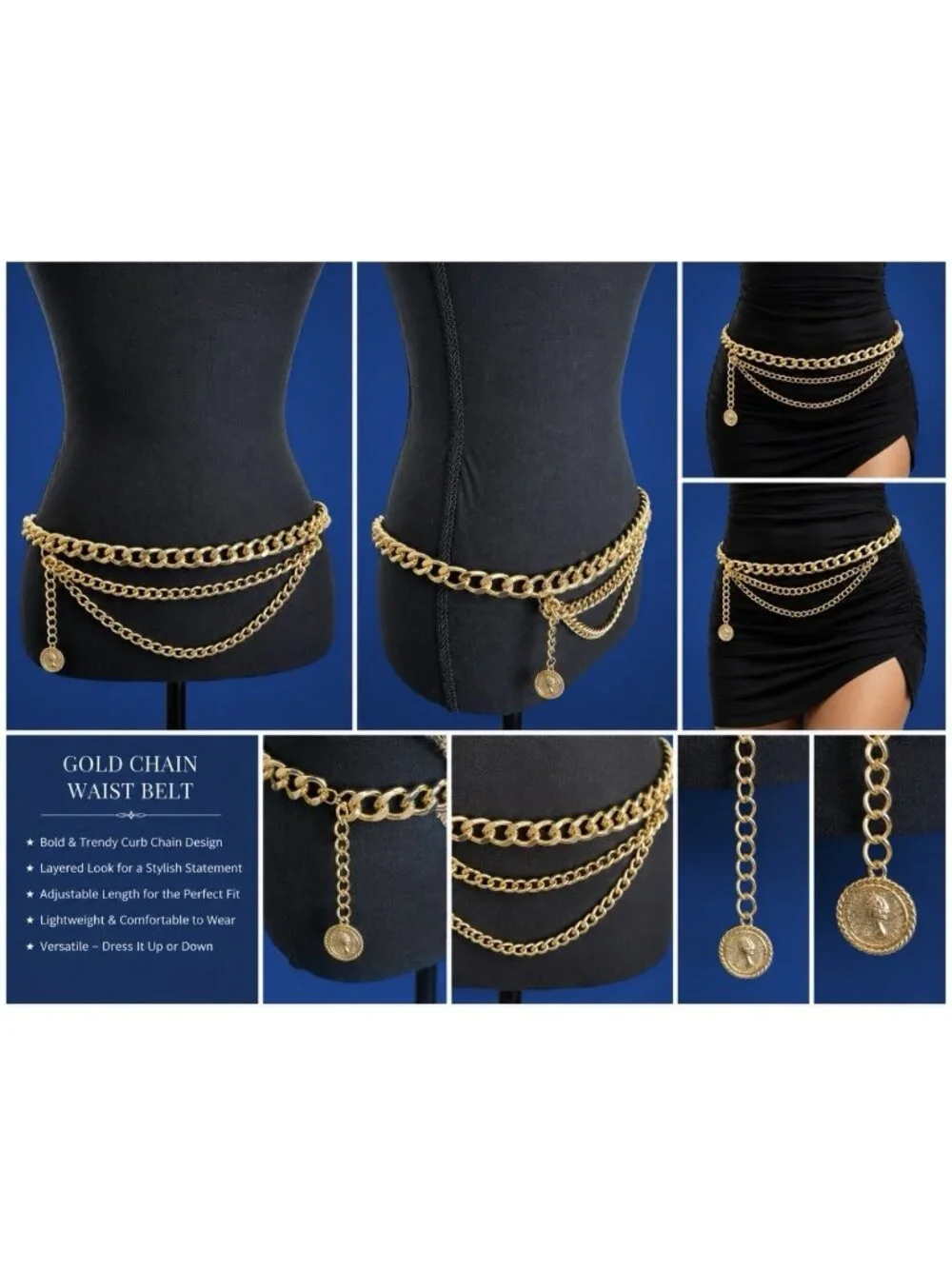 Belt Long Rope Link Chain Shiny Goldtone Adjustable 3 Layer Women's Y2K 33